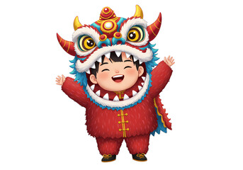Joyful Child in Lion Dance Costume isolated on transparent background