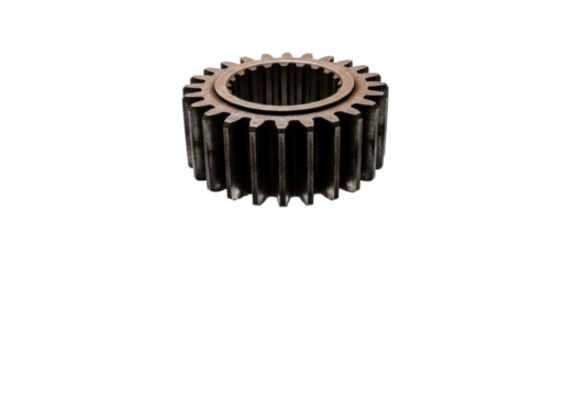 Ultra-photorealistic macro shot of a single rusted industrial gear casting precise, geometric shadows on a smooth transparent background, concept of industrial abstraction
