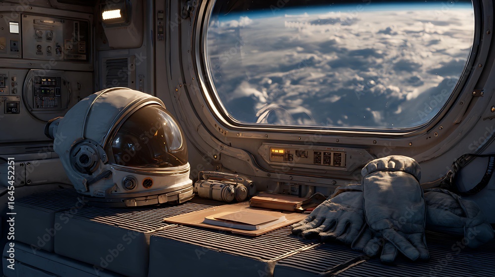 Poster an astronaut's helmet and gloves resting on a table inside a spacecraft, with a stunning view of ear