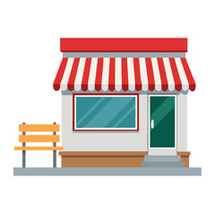 Illustration Of A Small Storefront With A Red And White Striped Awning Large Window & Outdoor Bench