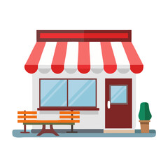 Illustration Of A Small Storefront With A Red And White Striped Awning Large Window & Outdoor Bench