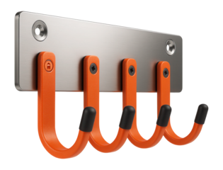 Wall-mounted cable hanger with multiple hooks for organizing cables in a maintenance workshop.