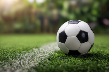 Fototapeta premium Soccer ball resting on the grass in a sunny outdoor field, ready for the next match or practice session in the afternoon Generative AI