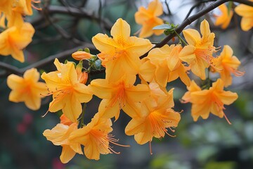 Fototapeta premium Cluster of bright, orange-yellow azalea flowers on branches