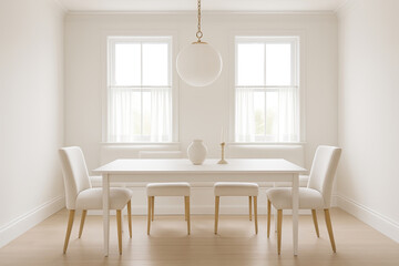 Bright Transitional White Dining Room with Minimal Styling and Smooth Walls – High-End Interior Photography