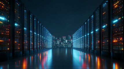 High-tech data center illuminated by colorful lights at night with city skyline in the background Generative AI