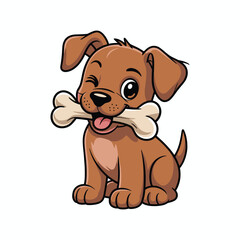 Cute Cartoon Puppy Holding Bone in Mouth, Playful Dog Vector Illustration for Kids, Pet Products, Stickers, Animal Logos, or Educational Materials.
