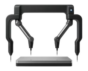 Dual-arm coordinate measuring machine with synchronized movement and high throughput for multi-part inspection in a consumer electronics plant.