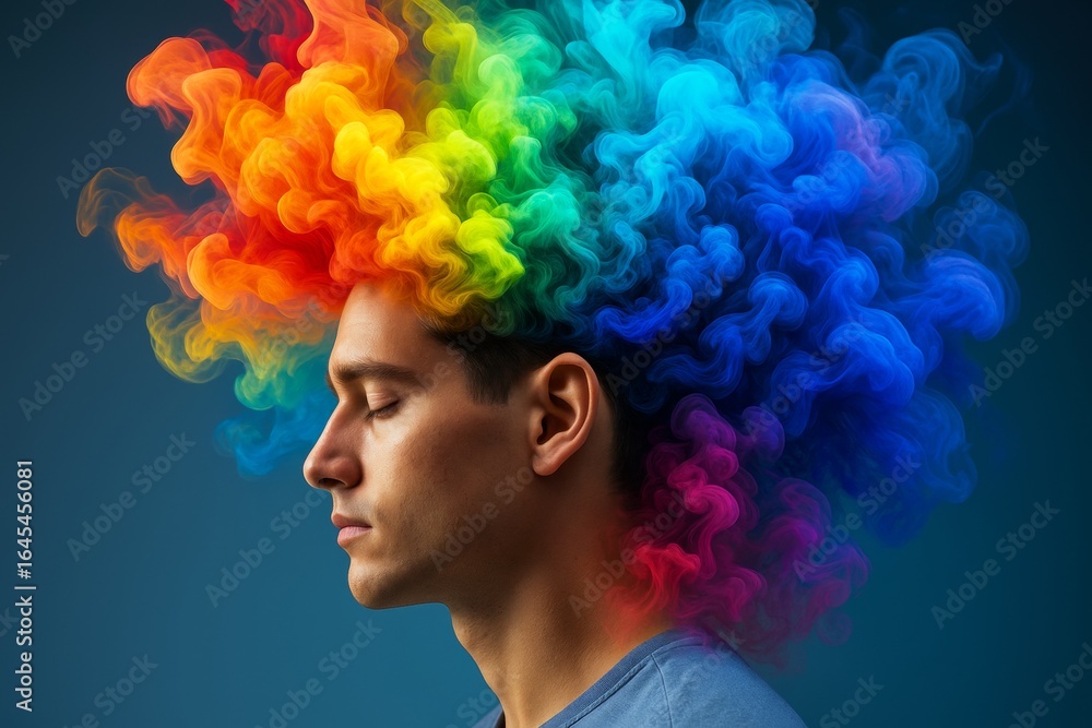 Aufkleber man with eyes closed surrounded by colorful abstract smoke in rainbow shades forming hair-like patte