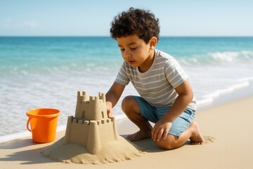 Child building sandcastle on sunny beach with bright blue sky and ocean in background, expressing summer vacation and childhood joy concept. Ai generative