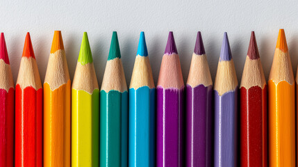 Colorful collection of sharpened pencils arranged in a row on a white background creating a vibrant art display Generative AI