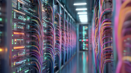Brightly lit server room with colorful cables in a technology facility during nighttime operations Generative AI
