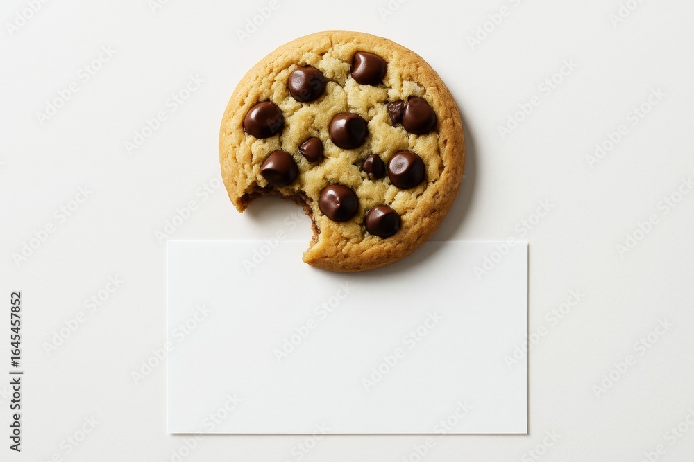 Aufkleber chocolate chip cookie with bite and blank card on white background for advertising mockup or design 