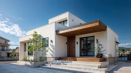 Maison moderne avec façade blanche et détails en bois sous ciel bleu