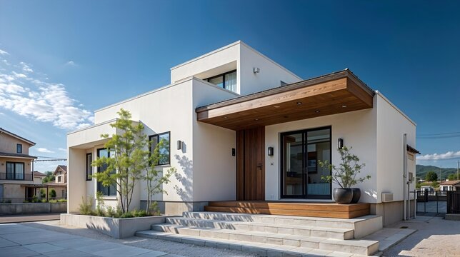 Maison moderne avec fa&ccedil;ade blanche et d&eacute;tails en bois sous ciel bleu