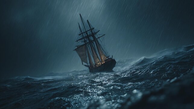 A majestic tall ship struggles against a stormy sea, showcasing resilience amid turbulent waves and heavy rain.