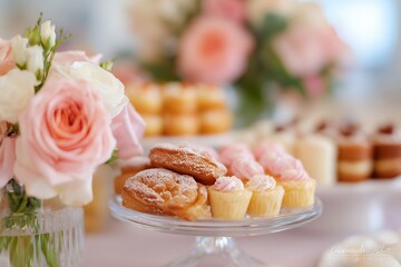Obraz premium Delicious assortment of pastries and desserts displayed elegantly on a glass stand, surrounded by beautiful pink roses and soft floral arrangements, creating a charming dessert table atmosphere
