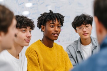 Group of diverse young men engaged in a discussion, showcasing teamwork and collaboration in a modern learning environment with whiteboard notes in the background