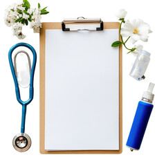 Blank clipboard stethoscope flowers medical supplies healthcare concept, isolated on a transparent background