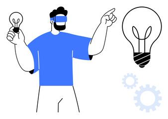 Person wearing VR headset holds light bulb while pointing to another floating bulb, symbolizing creativity, technology, and ideas. Ideal for innovation, virtual reality, technology, education