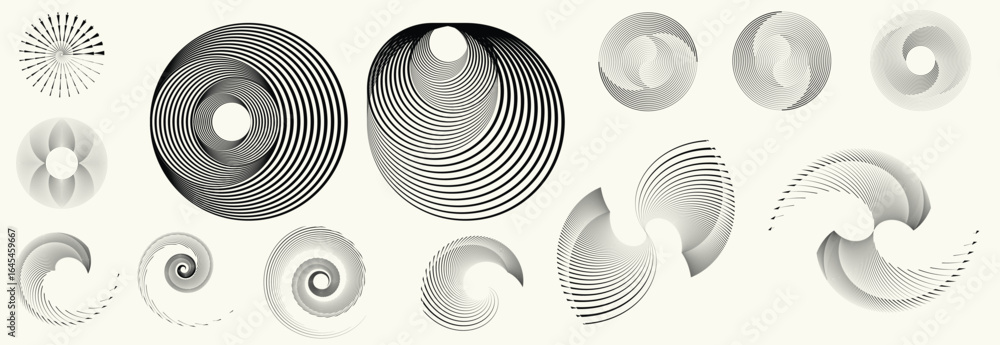 Poster collection of vector design elements. set of logos with lines, spirals and circles. various forms of