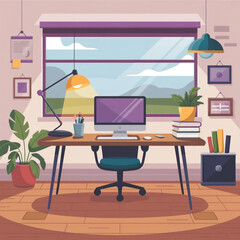 Fototapeta premium Cozy home office with a computer on a desk, a chair, a lamp, and a window with a view, creating a comfortable and modern workspace