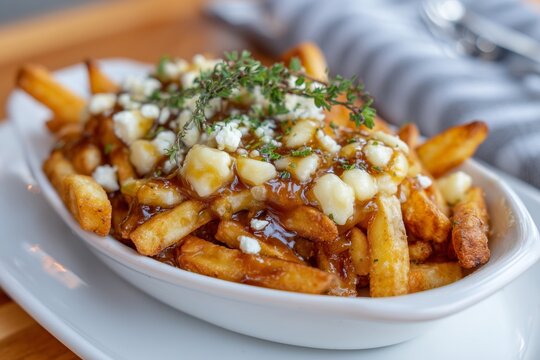 Delicious plate of poutine featuring crispy fries topped with rich gravy, cheese curds, and fresh herbs, served in a white dish on a wooden table with a cozy ambiance