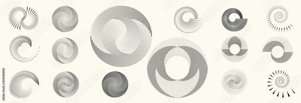 Poster collection of vector design elements. set of logos with lines, spirals and circles. various forms of