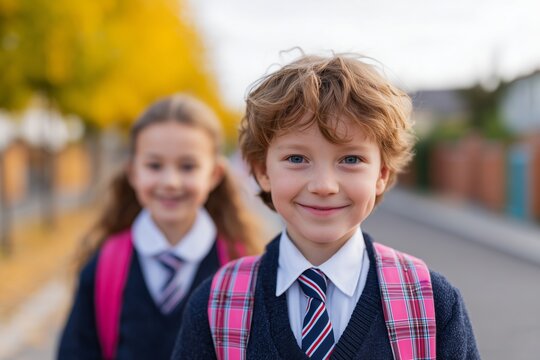 Young boy with curly hair wearing school uniform and backpack smiles at the camera, with a girl in the background, walking along a tree-lined street during autumn season