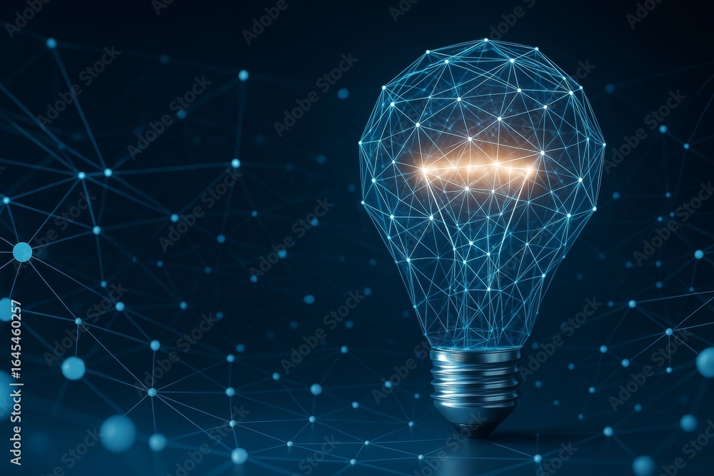 Poster abstract glowing light bulb made of digital lines and nodes on dark tech background representing inn