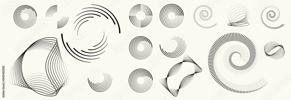Poster collection of vector design elements. set of logos with lines, spirals and circles. various forms of