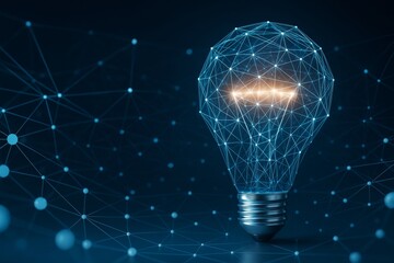 Abstract glowing light bulb made of digital lines and nodes on dark tech background representing innovation and futuristic network concept.