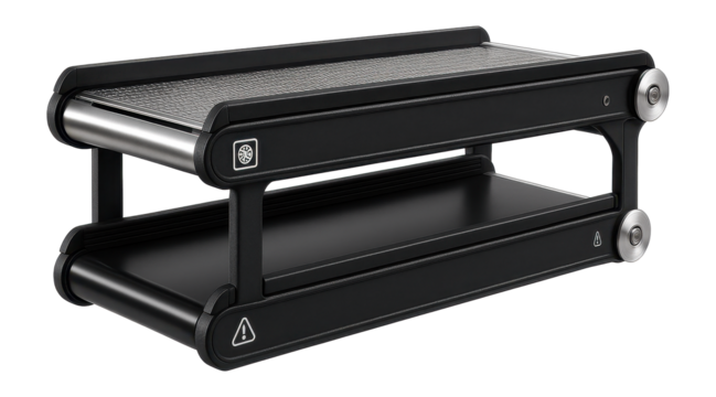 Double-layered belt conveyor with separate belts for simultaneous transport of different items in a manufacturing plant.