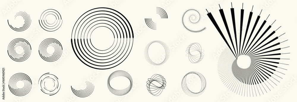 Poster collection of vector design elements. set of logos with lines, spirals and circles. various forms of