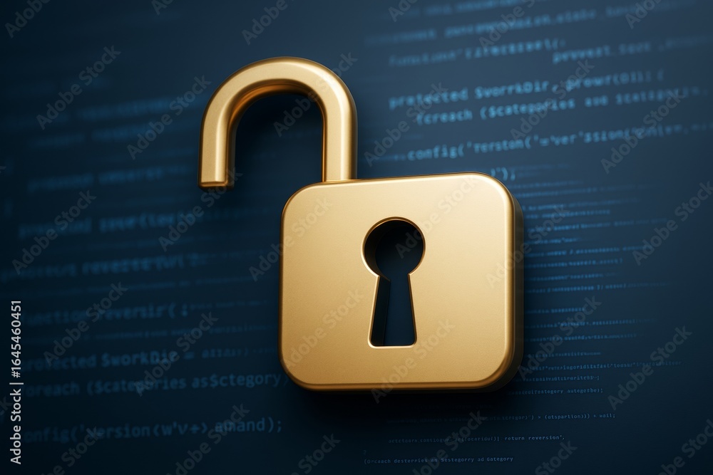 Poster golden open padlock symbolizing cybersecurity breach on dark code background in light creative graph
