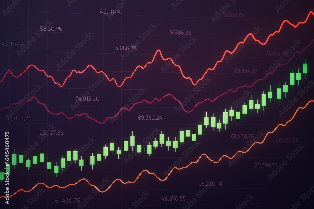 Poster abstract financial chart with glowing candlestick and line indicators on dark background showing ris