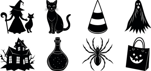 set of halloween element silhouette collection. Black and white vector. pmpkin, ghost, cat, horror house, witch, owl, raven bird, spider, witch hat