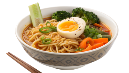 Delicious bowl of ramen featuring fresh vegetables and a perfectly cooked egg, ready to be enjoyed during a cozy meal time culinary, fresh, gourmet, flavors, cuisine, asian, soup, wholesome, tasty, af