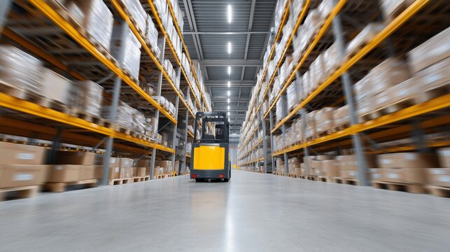Forklift navigating through a spacious warehouse filled with stacked cardboard boxes on shelves, showcasing efficient logistics and organized storage solutions
