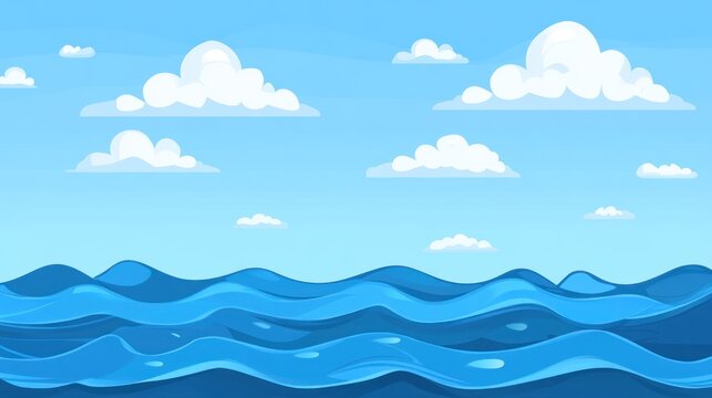 Cartoonish ocean scene with puffy clouds