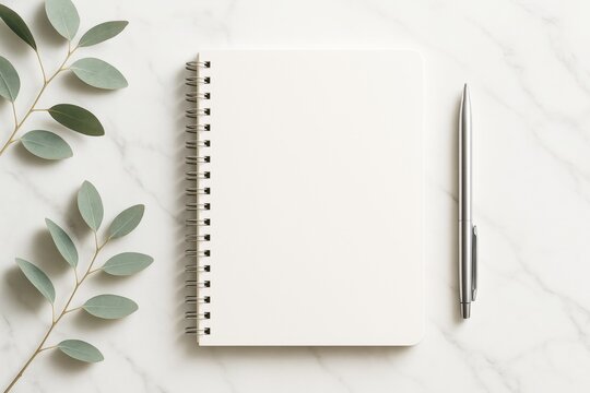 Blank spiral notebook with silver pen and eucalyptus leaves on marble background, ideal for design templates or copyspace concepts. Ai generative