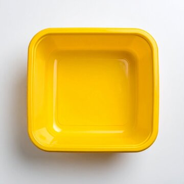 Empty bright yellow plastic container or storage box, seen from a top-down view isolated on a clean white background.