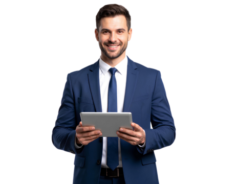 Smart and Handsome Businessman in Formal Attire Using a Tablet for Work, Focused isolated on a transparent background.