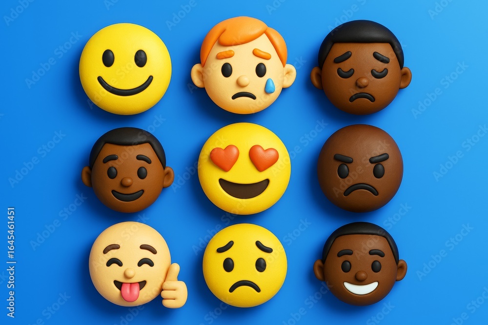 Poster colorful cartoon emoji faces showing various emotions with playful expressions on blue background in