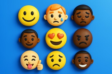 Obraz premium Colorful cartoon emoji faces showing various emotions with playful expressions on blue background in creative 3D-style graphics layout. Ai generative