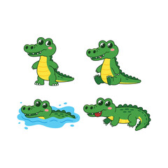 Cute Cartoon Crocodile Vector Set in Various Poses for Kids, Education, Jungle Animal Themes, Wildlife Design, and Children’s Projects.