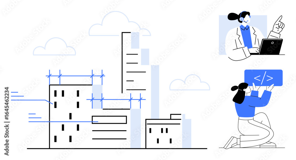 Poster skyscraper construction outlined with scaffolding, female professionals working on laptops and codin