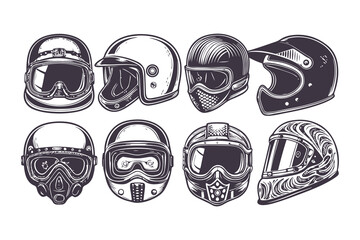 Motorcycle Helmet Vector Set. Retro and Modern Full-Face, Open-Face, and Motocross Biker Helmets Illustrations