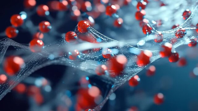 Witness a captivating interplay of vibrant red and blue spheres suspended in a delicate, glowing web, creating an enchanting atmosphere that invokes curiosity and imagination.