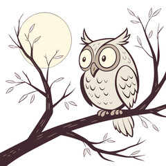 Cartoon owl perched on a branch under the moonlight, isolated on white background